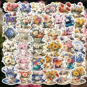 55 Floral Teacup Stickers Flower Bouquets